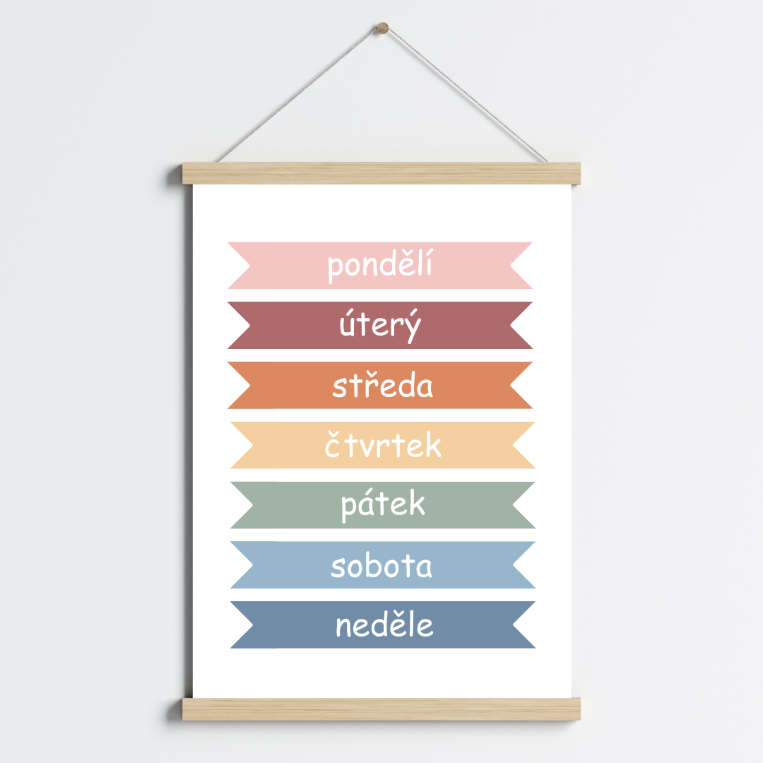 Barevná naučný plakát pro děti zobrazující dny v týdnu